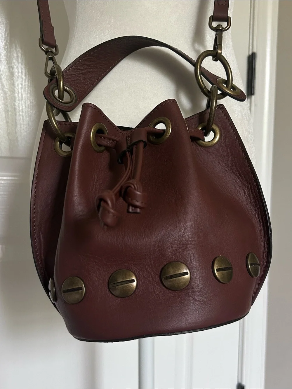 Stella Bianca Brown Italian Leather Brass Studded Drawcord Bucket Crossbody Bag